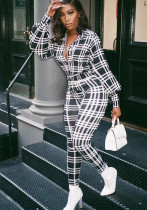 Fashionable Spring Turndown Collar Slim Puff Sleeve Women's Plaid Print Jumpsuit Fashionable Spring Turndown Collar Slim Puff Sleeve Women's Plaid Print Jumpsuit
