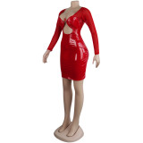 Sexy Women's Solid Color Mesh Leather Patchwork Hollow Long Sleeve Party Dress