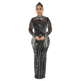 Spring Women's Sexy Mesh Beaded Nightclub Party Long Dress