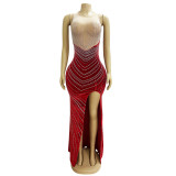 Spring Velvet Patchwork Mesh Beaded Sleeveless Nightclub Long Dress