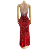 Spring Velvet Patchwork Mesh Beaded Sleeveless Nightclub Long Dress