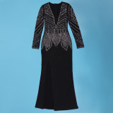 Sexy Slim Beaded V-Neck Slim Slit Bodycon Dress