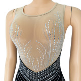 Spring Velvet Patchwork Mesh Beaded Sleeveless Nightclub Long Dress