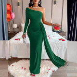 Summer Casual Sexy Women's Solid Color Slash Shoulder Slim Waist Long Dress