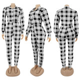 Fashionable Spring Turndown Collar Slim Puff Sleeve Women's Plaid Print Jumpsuit