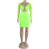 Sexy Women's Solid Color Mesh Leather Patchwork Hollow Long Sleeve Party Dress