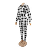 Fashionable Spring Turndown Collar Slim Puff Sleeve Women's Plaid Print Jumpsuit
