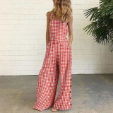 Plaid Print Strap Low Back Wide Leg Jumpsuit
