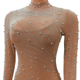 Spring Women's Sexy Mesh Beaded Nightclub Party Long Dress