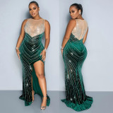 Spring Velvet Patchwork Mesh Beaded Sleeveless Nightclub Long Dress