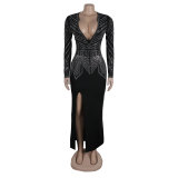 Sexy Slim Beaded V-Neck Slim Slit Bodycon Dress