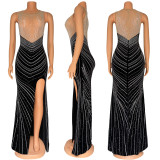Spring Velvet Patchwork Mesh Beaded Sleeveless Nightclub Long Dress