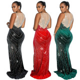 Spring Velvet Patchwork Mesh Beaded Sleeveless Nightclub Long Dress