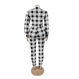 Fashionable Spring Turndown Collar Slim Puff Sleeve Women's Plaid Print Jumpsuit
