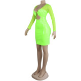 Sexy Women's Solid Color Mesh Leather Patchwork Hollow Long Sleeve Party Dress