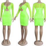 Sexy Women's Solid Color Mesh Leather Patchwork Hollow Long Sleeve Party Dress