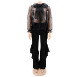 Sexy Mesh Tops Bell Bottom Pants Women's Casual Two Piece Set