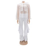 Sexy Mesh Tops Bell Bottom Pants Women's Casual Two Piece Set