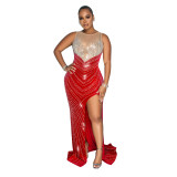Spring Velvet Patchwork Mesh Beaded Sleeveless Nightclub Long Dress