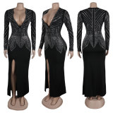 Sexy Slim Beaded V-Neck Slim Slit Bodycon Dress