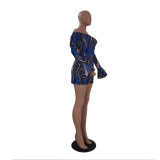 Summer Sexy Blue Long Sleeve Printed Fashion Casual Shorts Set