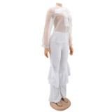 Sexy Mesh Tops Bell Bottom Pants Women's Casual Two Piece Set