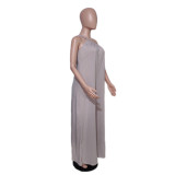 Women Solid Color Slash Shoulder Loose Jumpsuit