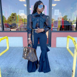 Sexy Mesh Tops Bell Bottom Pants Women's Casual Two Piece Set