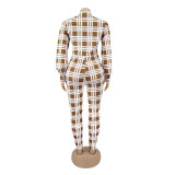 Fashionable Spring Turndown Collar Slim Puff Sleeve Women's Plaid Print Jumpsuit