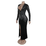Sexy Slim Beaded V-Neck Slim Slit Bodycon Dress