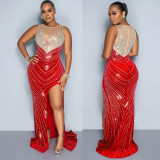 Spring Velvet Patchwork Mesh Beaded Sleeveless Nightclub Long Dress