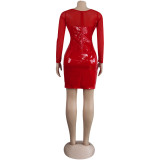 Sexy Women's Solid Color Mesh Leather Patchwork Hollow Long Sleeve Party Dress