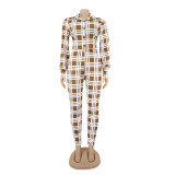 Fashionable Spring Turndown Collar Slim Puff Sleeve Women's Plaid Print Jumpsuit