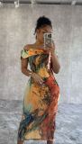 Women's Off Shoulder Fashion Printed Slim Long Dress