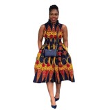 Sexy Printed Turndown Collar Sleeveless Slim Waist African Dress