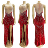 Spring Velvet Patchwork Mesh Beaded Sleeveless Nightclub Long Dress