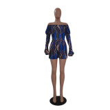 Summer Sexy Blue Long Sleeve Printed Fashion Casual Shorts Set