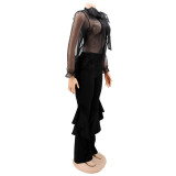 Sexy Mesh Tops Bell Bottom Pants Women's Casual Two Piece Set