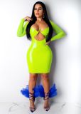 Sexy Women's Solid Color Mesh Leather Patchwork Hollow Long Sleeve Party Dress