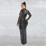 Spring Women's Sexy Mesh Beaded Nightclub Party Long Dress