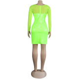 Sexy Women's Solid Color Mesh Leather Patchwork Hollow Long Sleeve Party Dress