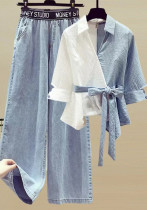 Plus Size Women Spring Patchwork Fake Two-Piece Shirt and Denim Pant Two-Piece Set