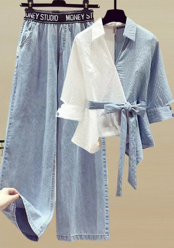 Plus Size Women Spring Patchwork Fake Two-Piece Shirt and Denim Pant Two-Piece Set
