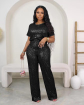 Women Spring Summer Sequin Solid Short Sleeve Top and Pants Two-piece Set Women Spring Summer Sequin Solid Short Sleeve Top and Pants Two-piece Set