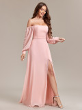 Women Elegant Strapless Long Sleeve Zip Slit Dress