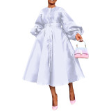 Women Solid Loose Buttoned Balloon Sleeve Dress