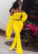 Women Long Sleeve Solid Pleated Off Shoulder Sexy Top and Pant Two-piece Set