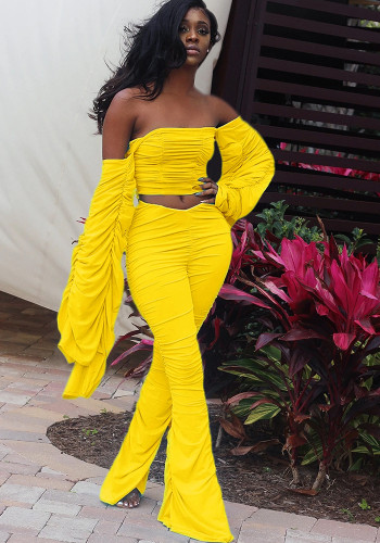 Women Long Sleeve Solid Pleated Off Shoulder Sexy Top and Pant Two-piece Set