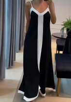 Women Elegant Contrast Color V Neck Strap Dress