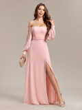 Women Elegant Strapless Long Sleeve Zip Slit Dress
